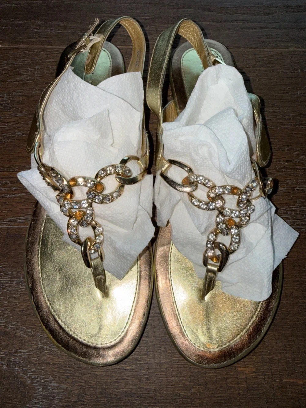 ALDO Gold Rhinestone Chain T-Strap Sandals Size 38